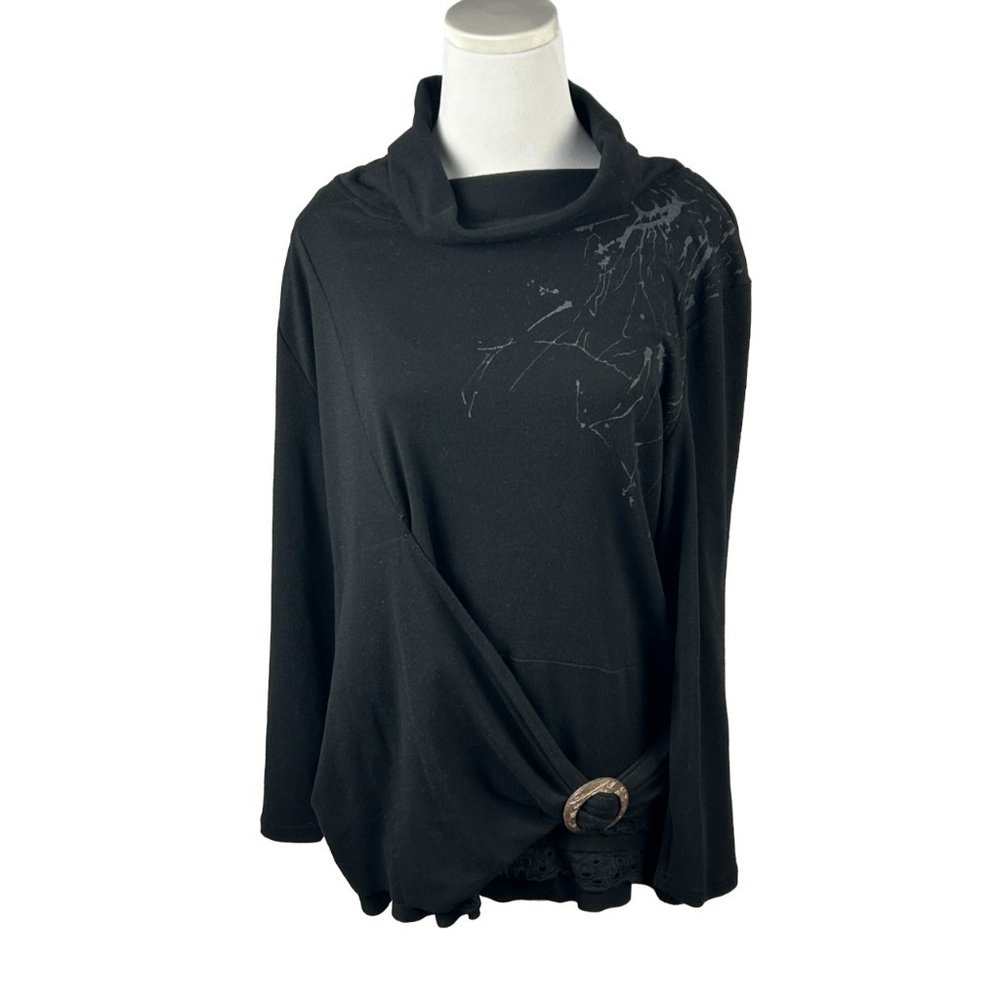 Lavena Tunic Top‎ Women L Black Asymmetric Cowl Neck Lagenlook Buckle